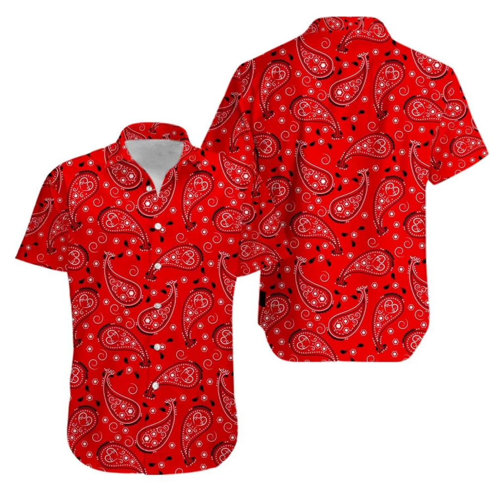 

New Men's Shirts Red Paisley Print Hip Hop Beach Summer Tops Cuban Style Plus Size Fat Red Shirts Button Up