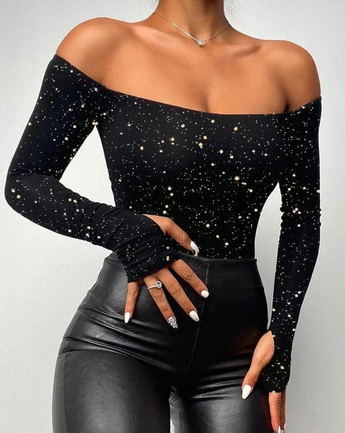 

Women's Elegant Sexy Top 2025 Autumn Winter Latest Bronzing Dot Off Shoulder Slim Fitted Long Sleeve Shirt Tee Skinny Blouses