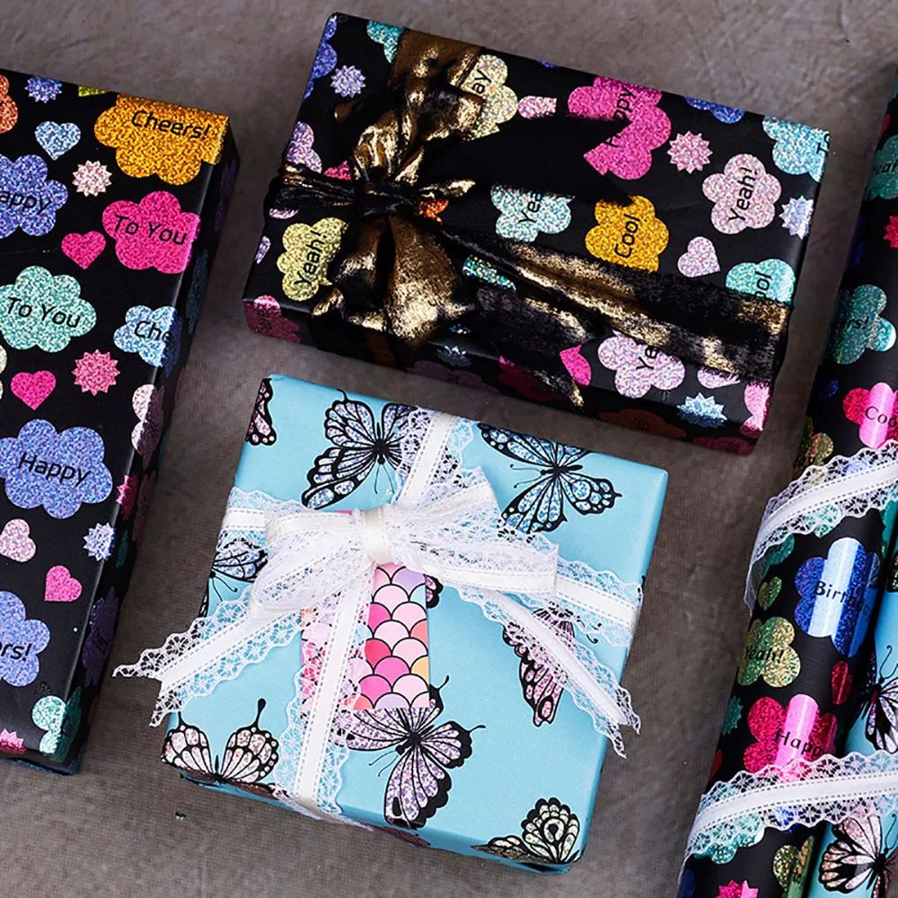 43x300cm Birthday Gift Wrapping Paper Laser Colorful Fish Scale Flower Pattern Gift Packaging Paper Birthday Party Decor Paper