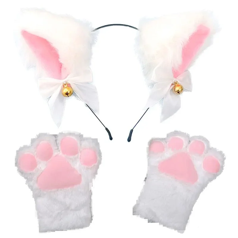 2pcs Cute Cat Claw Paw Plush Mittens Hairband Warm Soft Plush Short Fingerless Fluffy Bear Cat Gloves Costume Half Finger Gift