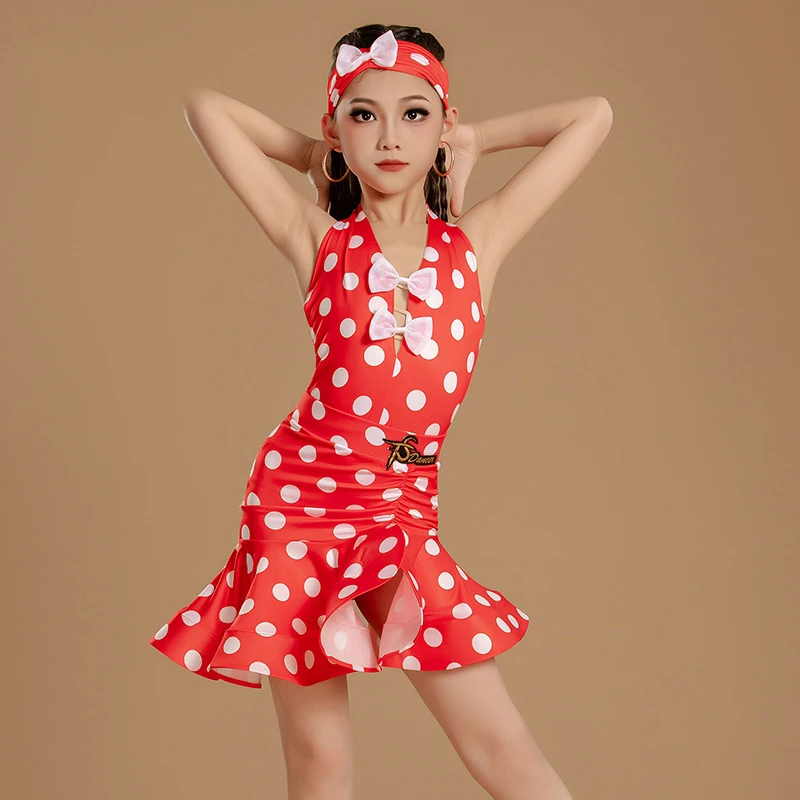 레드 폴카 도트 라틴 댄스 의상 소녀 성능 의류 여름 민소매 연습 드레스 키즈 라틴 경쟁 드레스 L15378