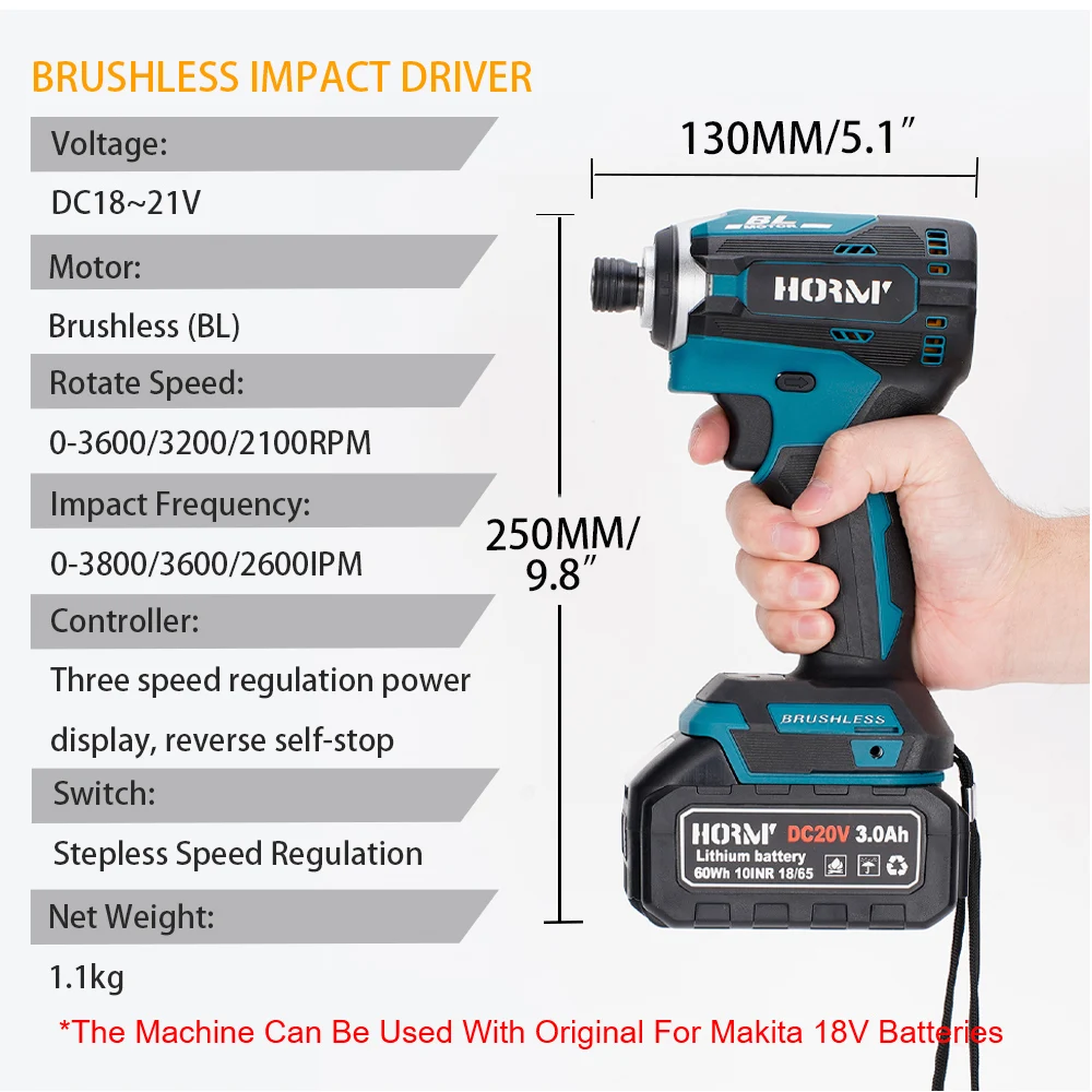 Brushless Electric Screwdriver Cordless Impact Wrench 1/4 inch High-Speed Drill Driver +3 LED Power Tool For Makita 18V Battery