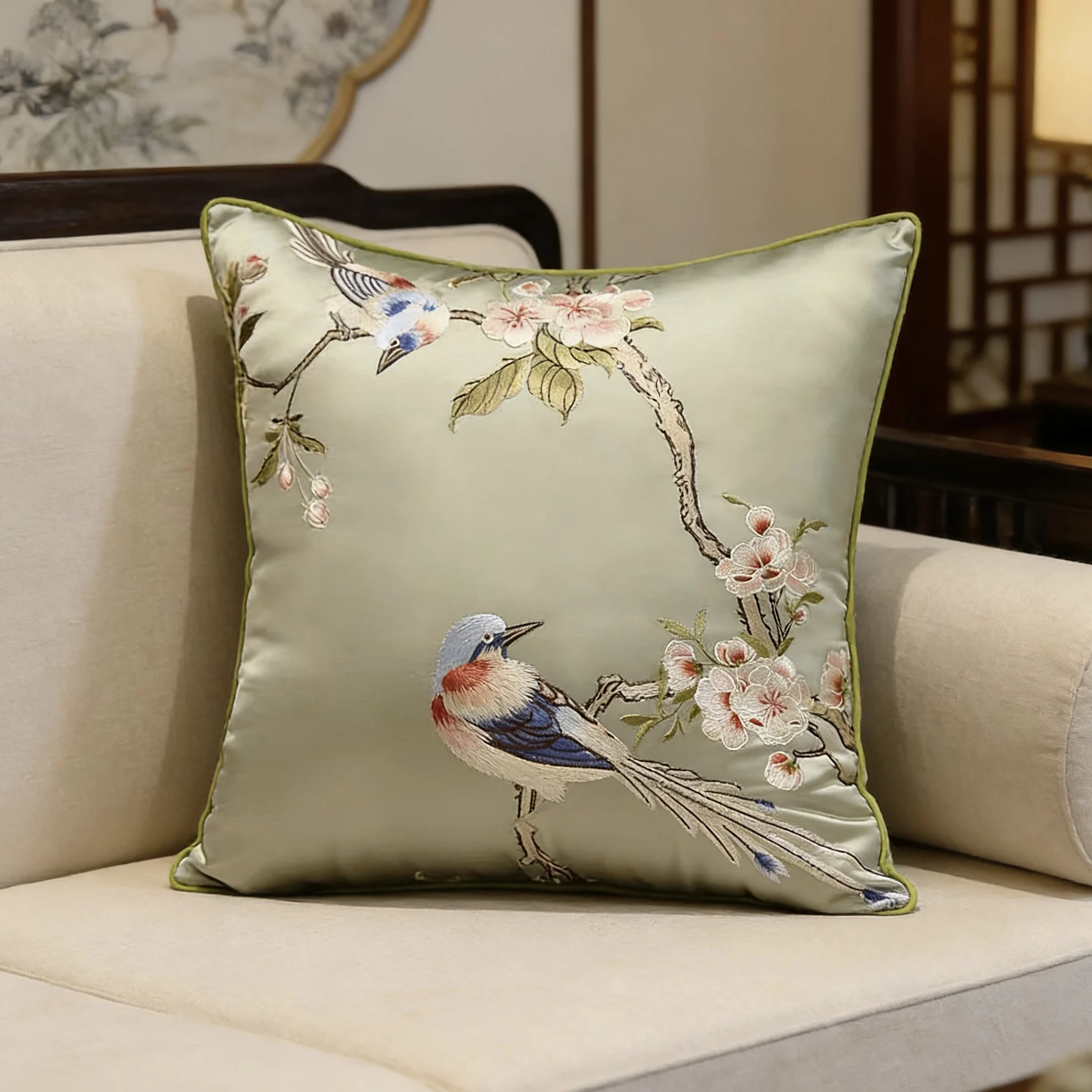 Luxury Chinese Style Embroidery Birds Home Chair Decorative Pillow Cover Armchair Sofa Velvet Cushion Cover 45x45cm 1 Piece Pack