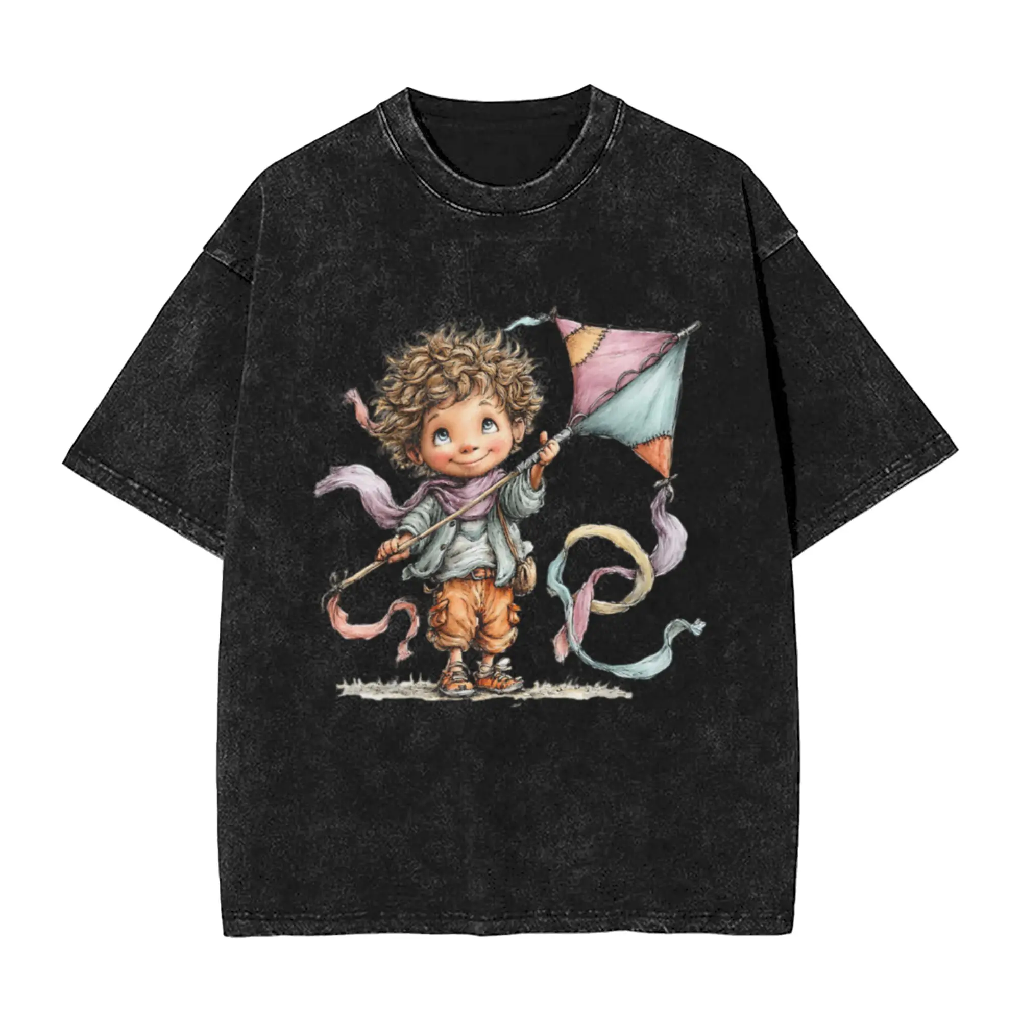 Cute boy holding a kite - whimsical design Unique Trendy A Vintage Oversized Cotton Unisex T-Shirts