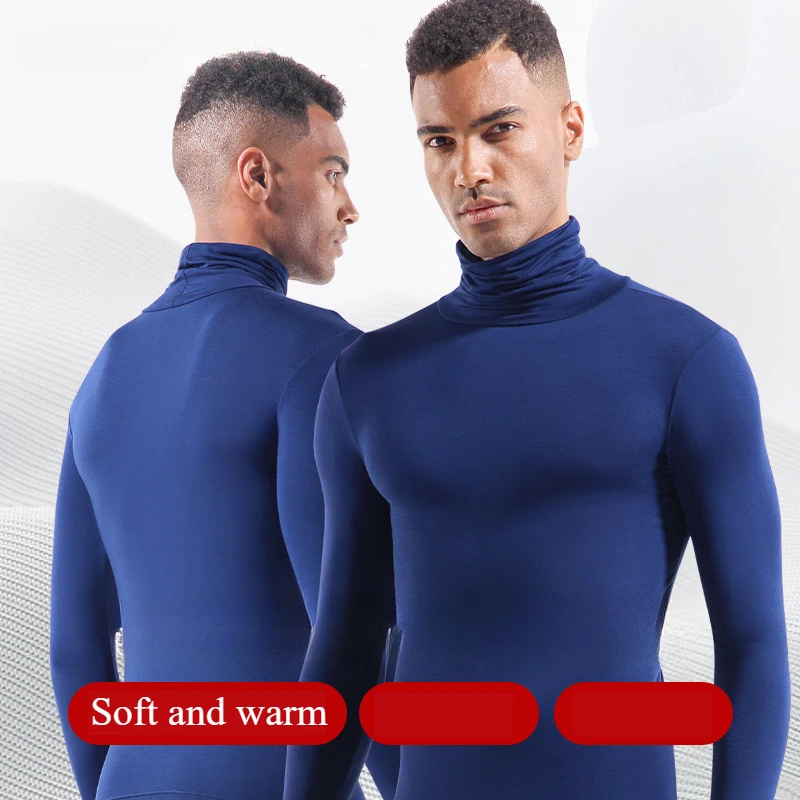 Man High Neck Long T-Shirts Underwear Winter Thermal Panties Sexy Super Thin Bottoms Tops Shirts Fashion Blue Nylon Black Cloth