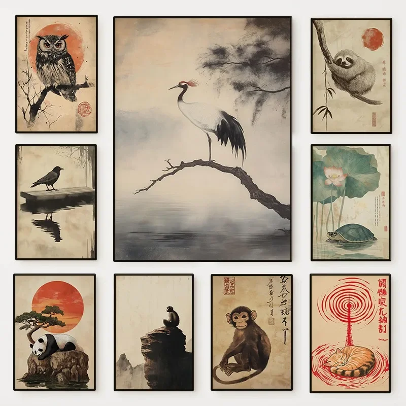 Vintage Japanese Animals Poster Owl Crane Bird Monkey Sloth Fish Canvas Painting Wall Art Picture for Living Room Home