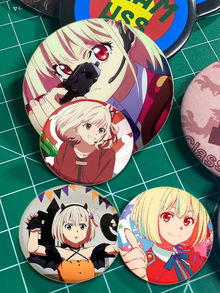 58mm Anime Lycoris Recoil Character Pin Tinplate Badge DIY Custom Cartoon Brooch for Fan Collection Gift Clothes Hat Decoration