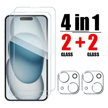 זכוכית מחוסמת 4IN1 עבור iPhone 16 15 14 13 12 11 Pro Max מגן מסך מצלמה עבור iPhone 15 14 16 Plus 13 12 זכוכית עדשה