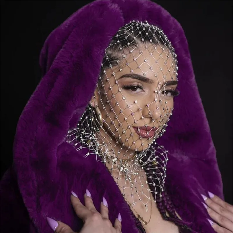 AKYZO-Zircon Turban Hat Hair Snood Net Crystal Head Mask Rhinestone Mesh Veil Diamond Headwrap Fishnet Headhood ﻿