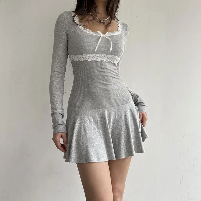 

Sexy Mini Dress Women Spring Solid Streetwear Black Long Sleeves Lace Patchwork Bodycon Dress Club Elegant Party A-LINE Dresses