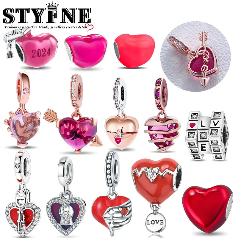 925 Sterling Silver Sparkling Pink Heart Charm Pendant Beads Fit Original Bracelet for Women Valentine Day Jewelry Gifts