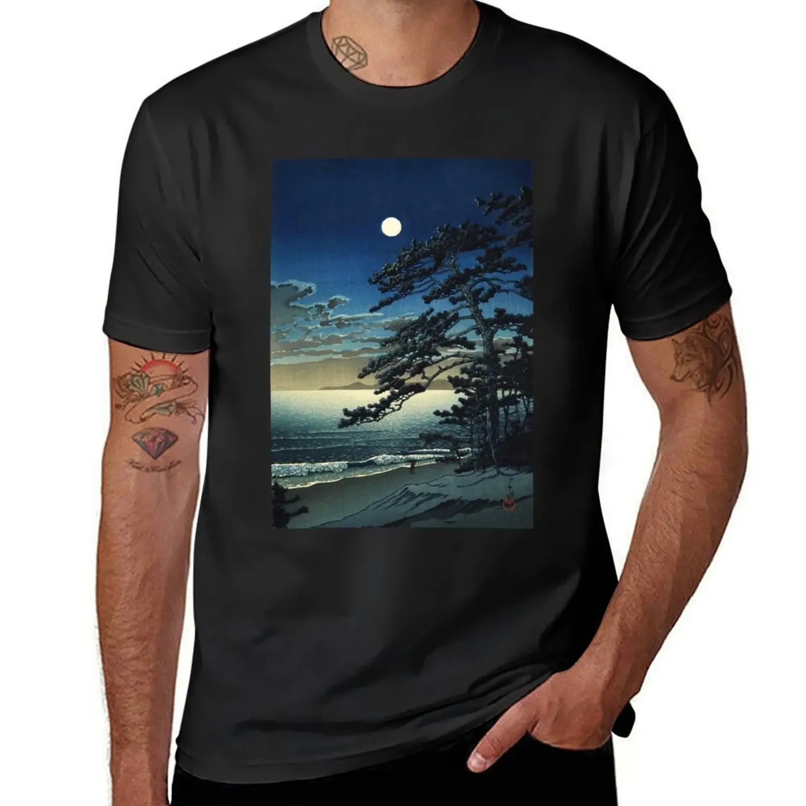 Moon over Ninomiya Beach by Kawase Hasui T-Shirt anime clothes plus size tops plain summer tops Men's t-shirt 2024 heavyweight