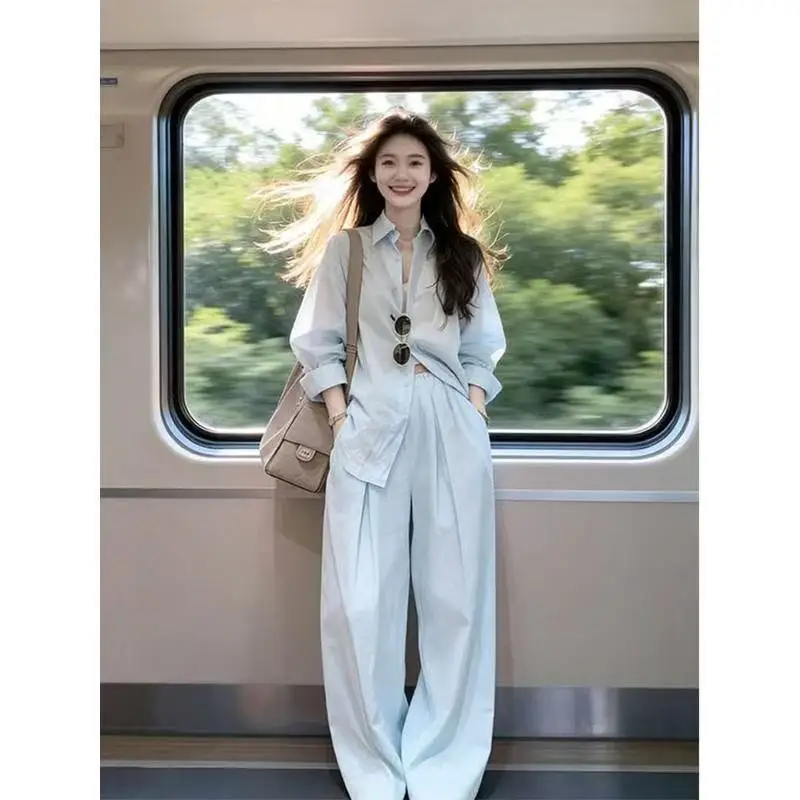 A Complete Set Of Ice Silk Linen Shirt Wide-Leg Pants Two-Piece Outfit For Women, Breathable Summer Sun Protection Clothing,