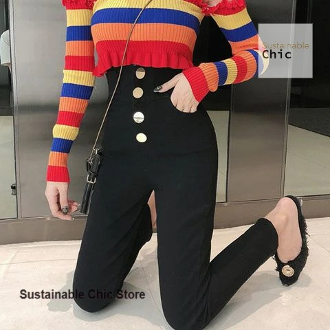 Korean new high-waist, breasted leggings women's spring and autumn new fashion wear slim black pencil pants and cashmere pants.