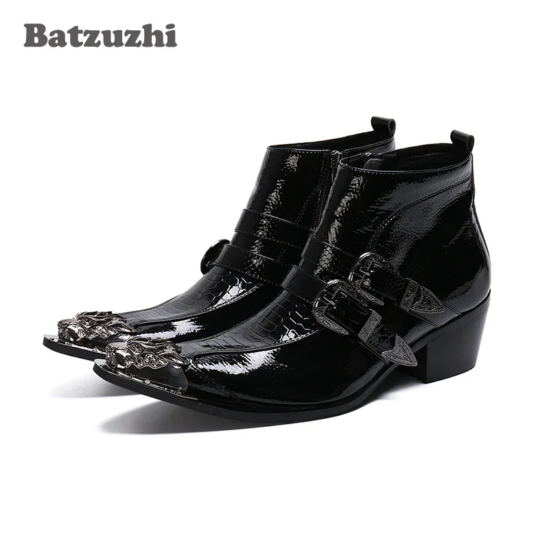 

Batzuzhi Handmade Men Shoes 6.5cm High Heel Black Leather Boots Men Ankle Zip Business Dress Boots Party botas hombre!Size 38-46