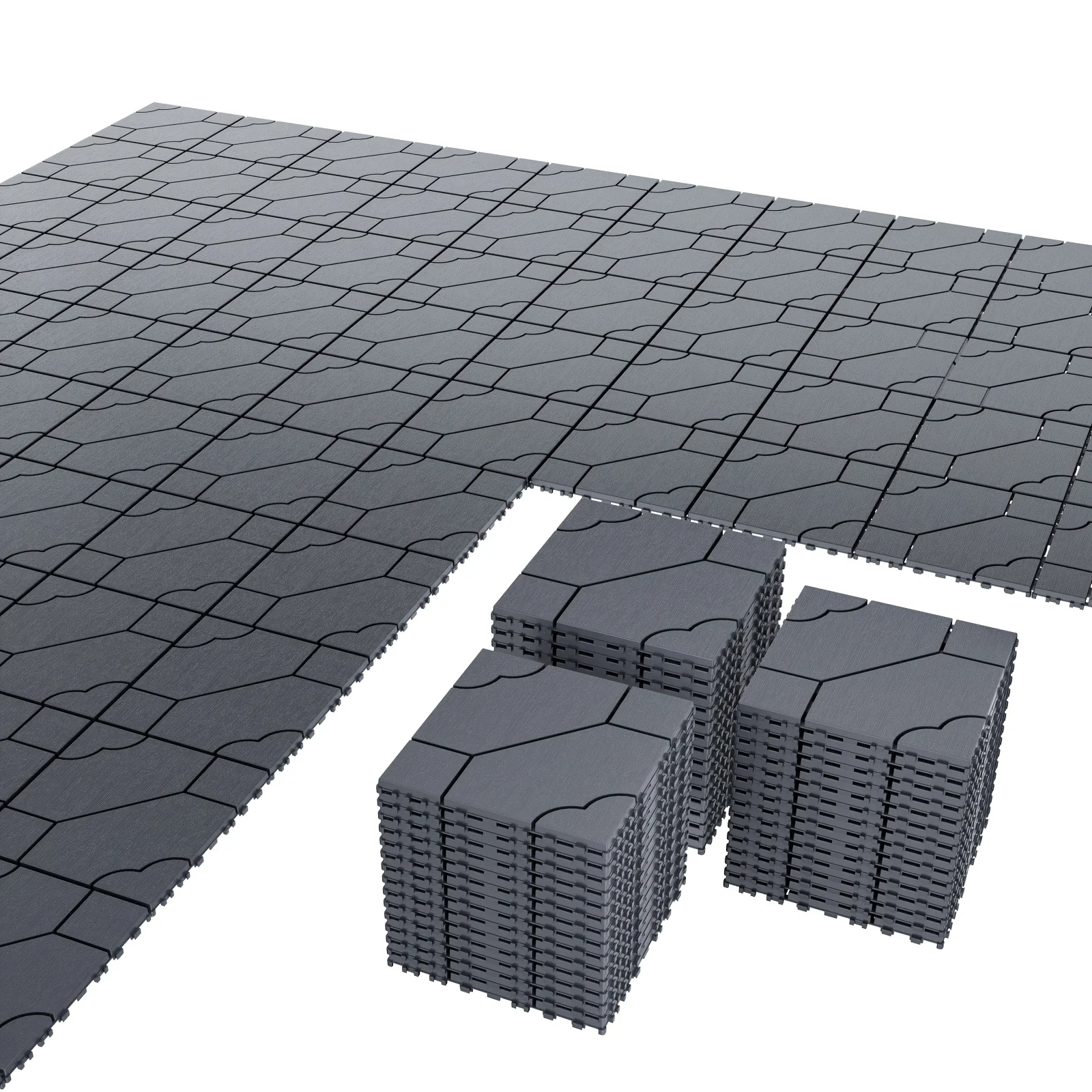 

Set of 60 Plastic Interlocking Deck Tiles (44 Tiles, 12 Strips, And 4 Edges), Each Measuring 12X12 Inches, Suitable for Outdoor Flooring in Various Settings Like Balconies, Pool Areas, And Backyards. These Tiles Come in Gray And Brown Colors