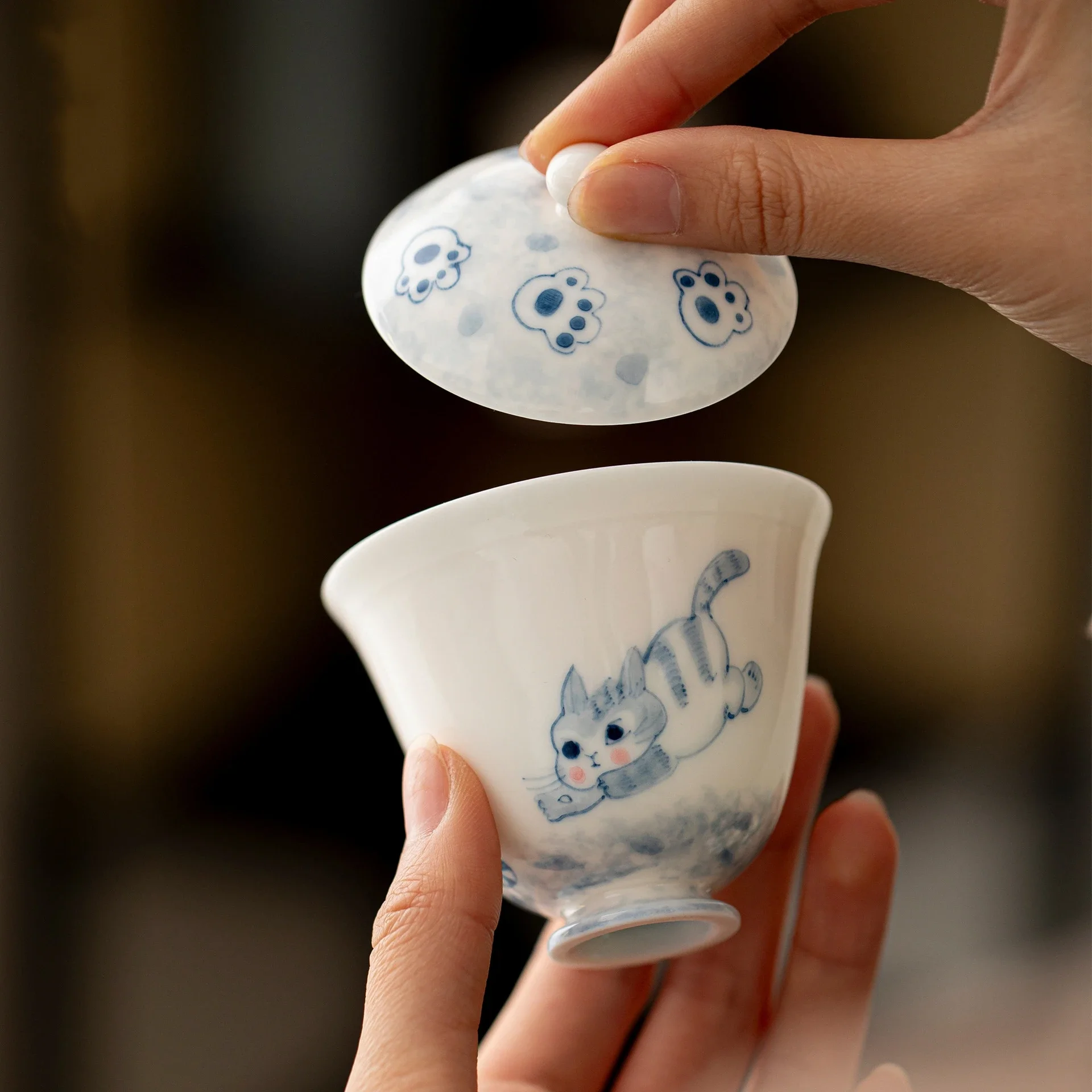 Hand Painted Cat Jade Porcelain 100ml Gaiwan For Tea Tureen With Lid Teaware Kung Fu Tea Ceremony Set Tea Bowls White Chawan
