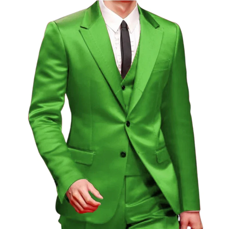 Slim Fit Red Men Suits for Prom Singer Stage 3 Piece Satin Wedding Groom Tuxedo Male Fashion Jacket Waistcoat with Pants