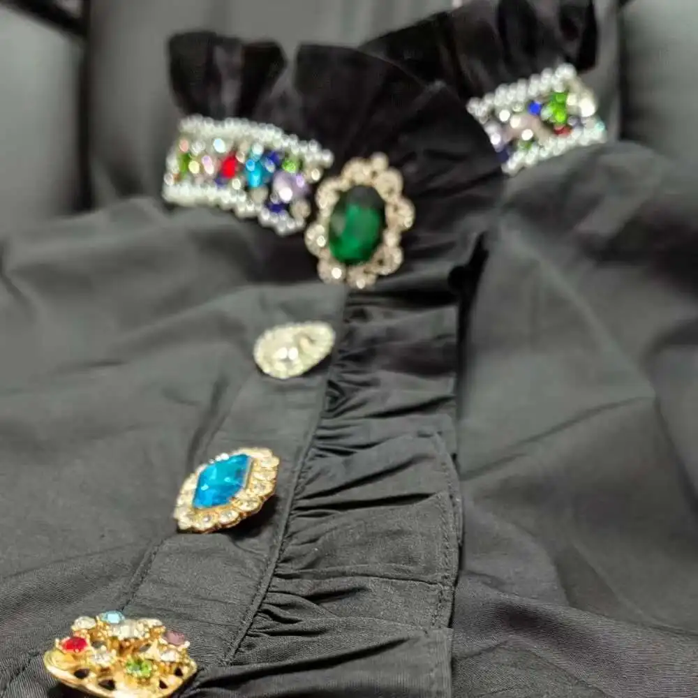 

New In 2024 Autumn Rhie Embroidery Cotton Shirts Blouses For Women Beaded Dias Button Up Black Shirt Top Blusas