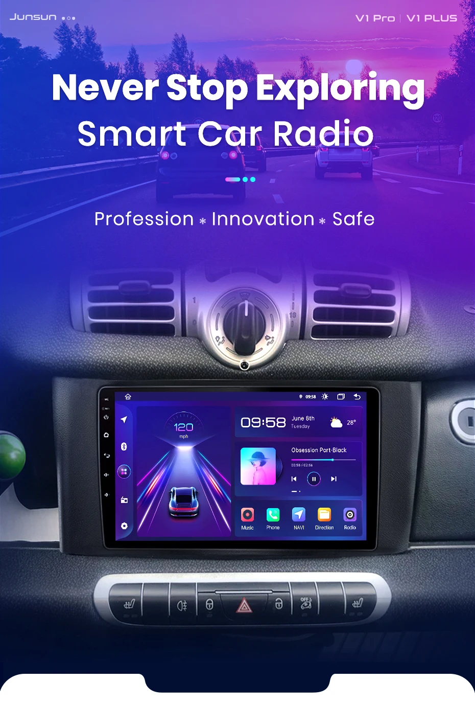 Junsun Drahtlose CarPlay für Apple Android 14 Auto Auto Radio für Smart Fortwo 451 2011 2012 2013 2014 2015 Multimedia Navi Stereo – Detail 1