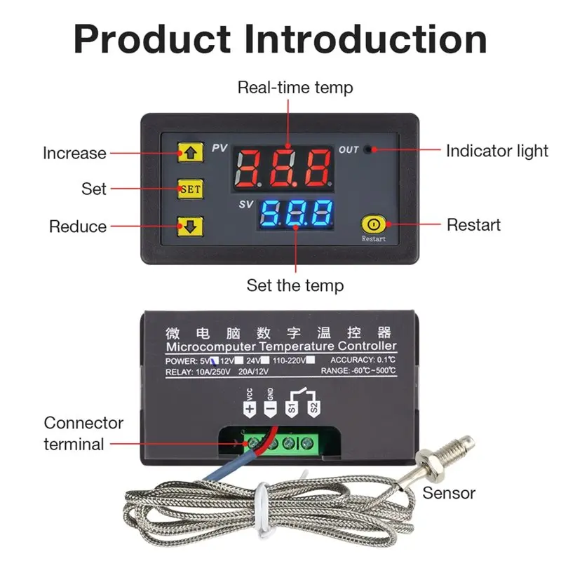 PTST K-Type Thermocouple Digital Temperature Controller Red Blue Display -60- 500℃ Thermoregulator Output DC5V