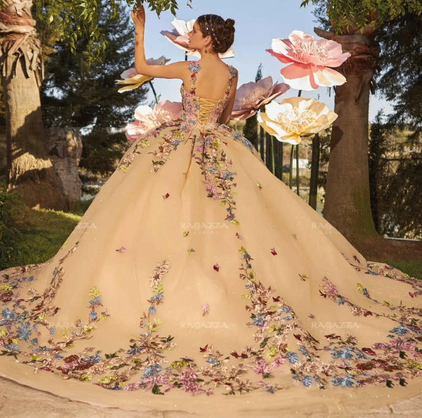 Khaki Glitter Princess Ball Gowns Quinceanera Dresses 2024 Off Shoulder Luxury Floral Embroidered Beaded Applique Prom Lace up