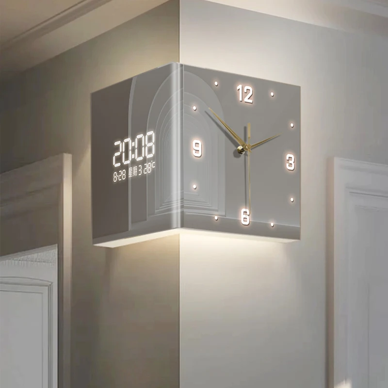 Abstract art double-sided acrylic wall clock with silent operation and digital display without studs is suitable for the living