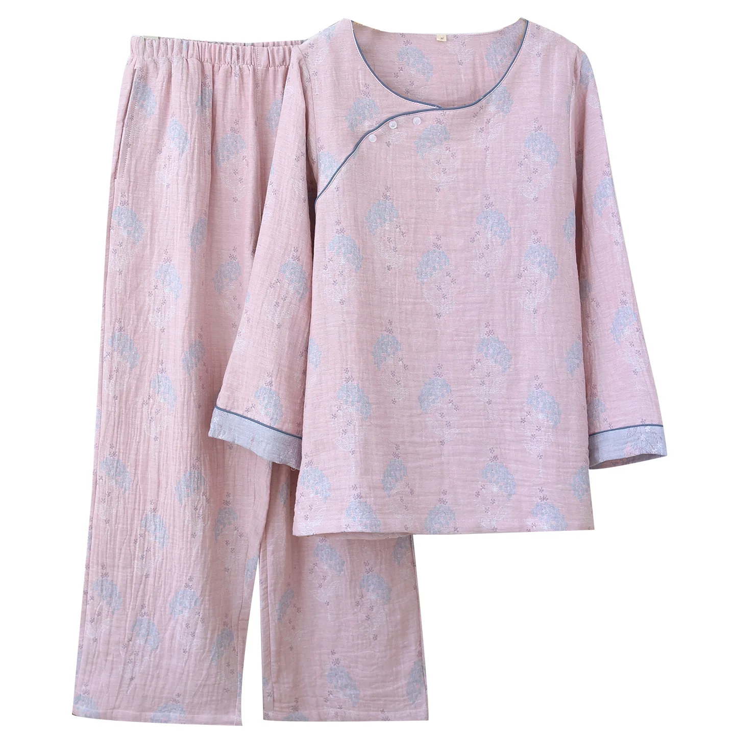National Style Jacquard Cotton O-Neck 2 Pcs Pajamas Set for Women Spring Autumn Thin Long Sleeved Pullover Pants Suit