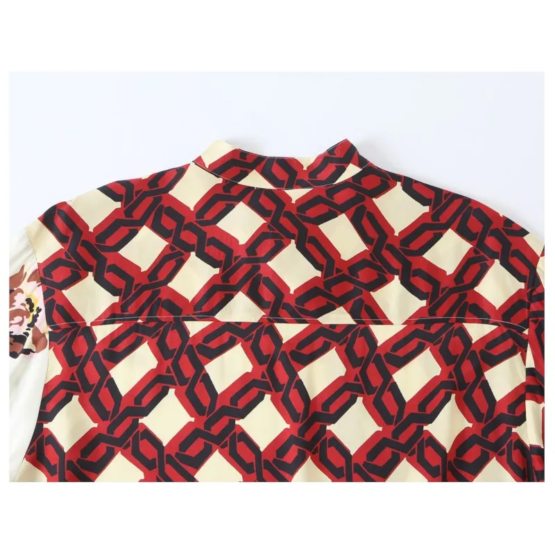 Women Splicing Printed Shirt Autumn Stand Neck Long Sleeve Buttons Asymmetry Hem Blouses Fashion Casual Female Vintage Chic Top image 6