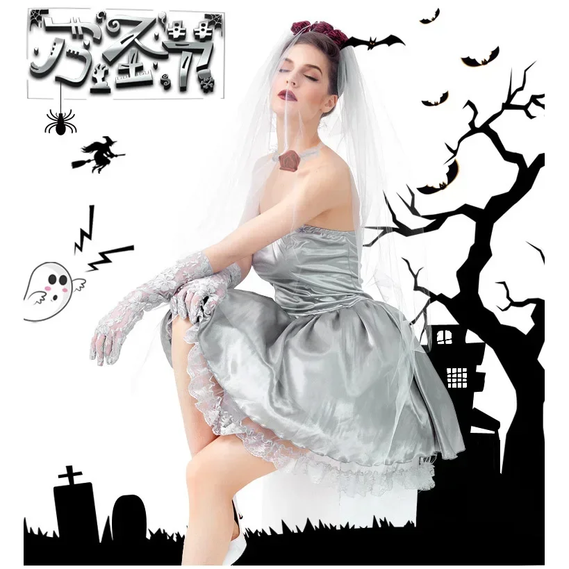Zhomecos Silver Gray Corpse Bride Cosplay Costume Angel Dress Halloween Party Carnival Woman Costume Fancy Dress