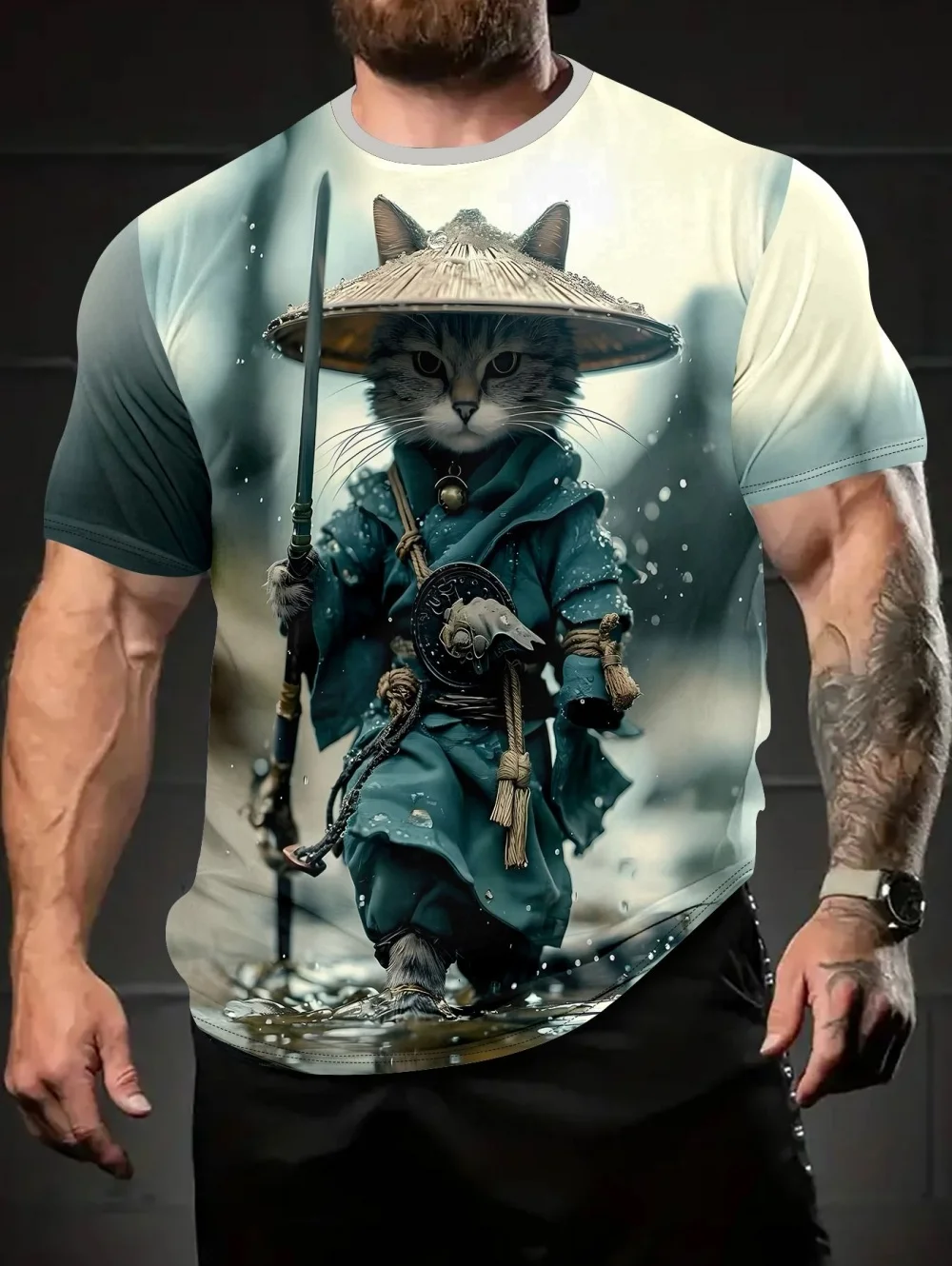 Men's Japanese Ukiyo-e Samurai Cat Cherry Blossom 3D Print Short Sleeve T-Shirt Vintage Streetwear Mens Y2K Tops