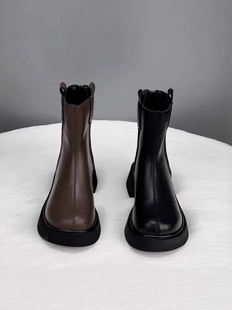 

Ботинки челси из натуральной кожи, женские ботинки Thi Bot Briti Sle, весенне-осенние ботинки, водонепроницаемая платформа с круглым носком, Mart...