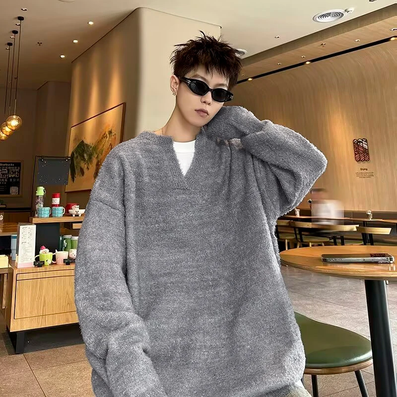 Plain Color Men's Premium V-Neck Knit Sweater Autumn Winter Streetwear Soft Loose Fit Pullover for Luxe Casual Style M-XXXL