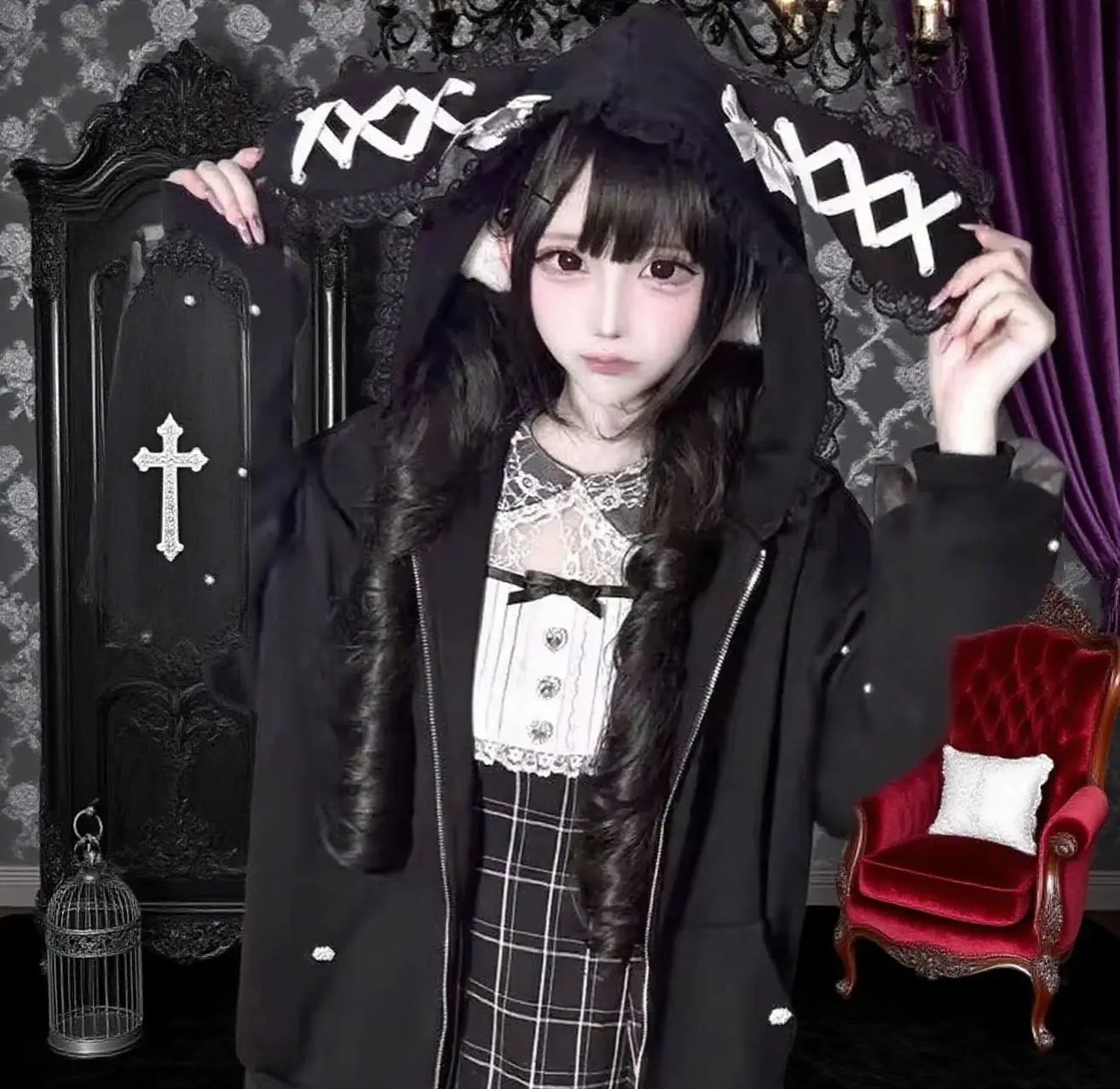 Subkultur Frühling Herbst junges Mädchen Hoodie Mantel japanische Reißverschluss Strickjacken Top süße Riemen Hasenohren Perlen Schleife Kapuze Frau Jacke