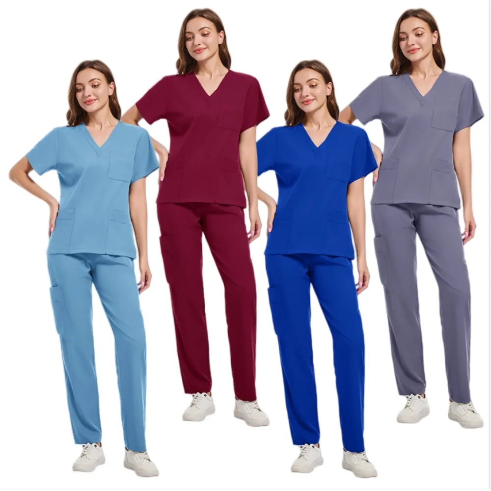 Zweiteiliges Krankenschwester-Uniform-Arbeiter-Set für Damen, langärmelig, V-Ausschnitt, einfarbig, Taschenoberteil, einfarbig, Hose, lässiger Wokers-Anzug