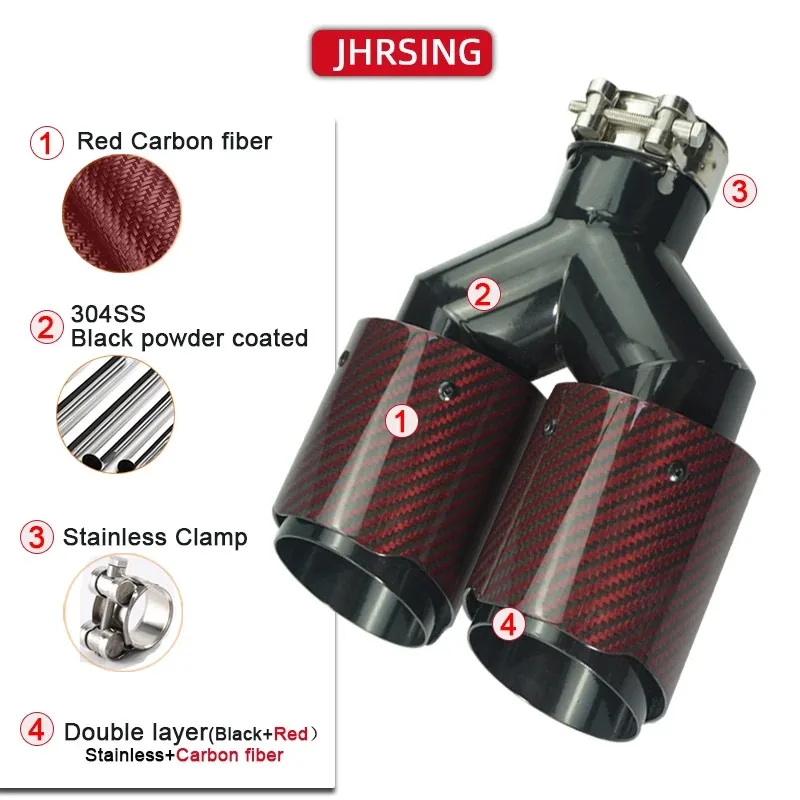 

Factory Export Red Carbon Fiber Dual Outlet Y Type Exhaust Pipe for Modify Universal Muffler Powder Coated Black Car Tail Tips