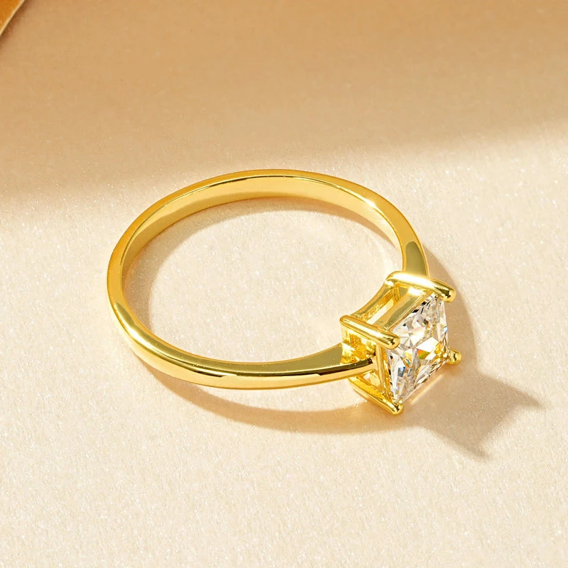 Rrjzz 14K Gold Plated Square Solitaire Rings Princess Cut CZ Simulated Diamond Ring for Women Anniversary Fine Jewelry Gifts