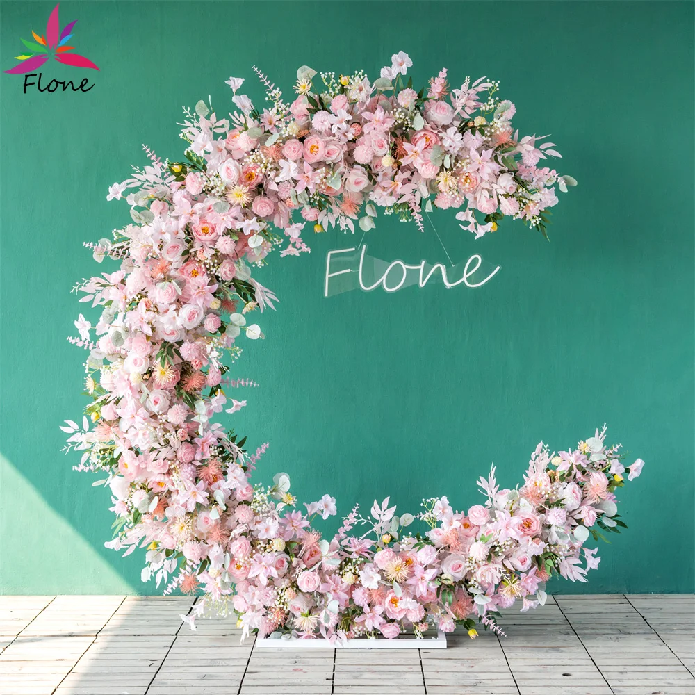 

Mariage Party Decoration Flores Artificiales Moon Shape Backdrop Decor Ztuczny Kwiat Pink Flower Arrangements Height 7ft/2.1m