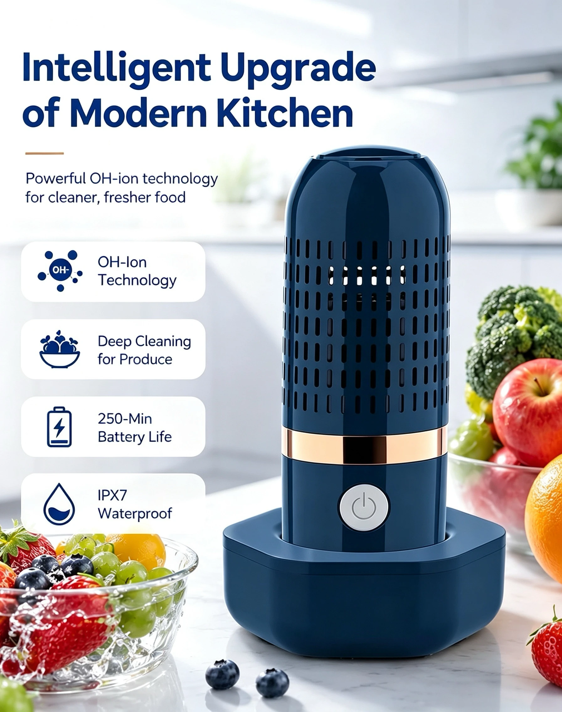 Upgraded OH-Ion Produce Cleaner, IPX7 Waterproof Vegetable Fruit Purifier for Meat Seafood, Extend Fresh Food Storage Shelf Life
