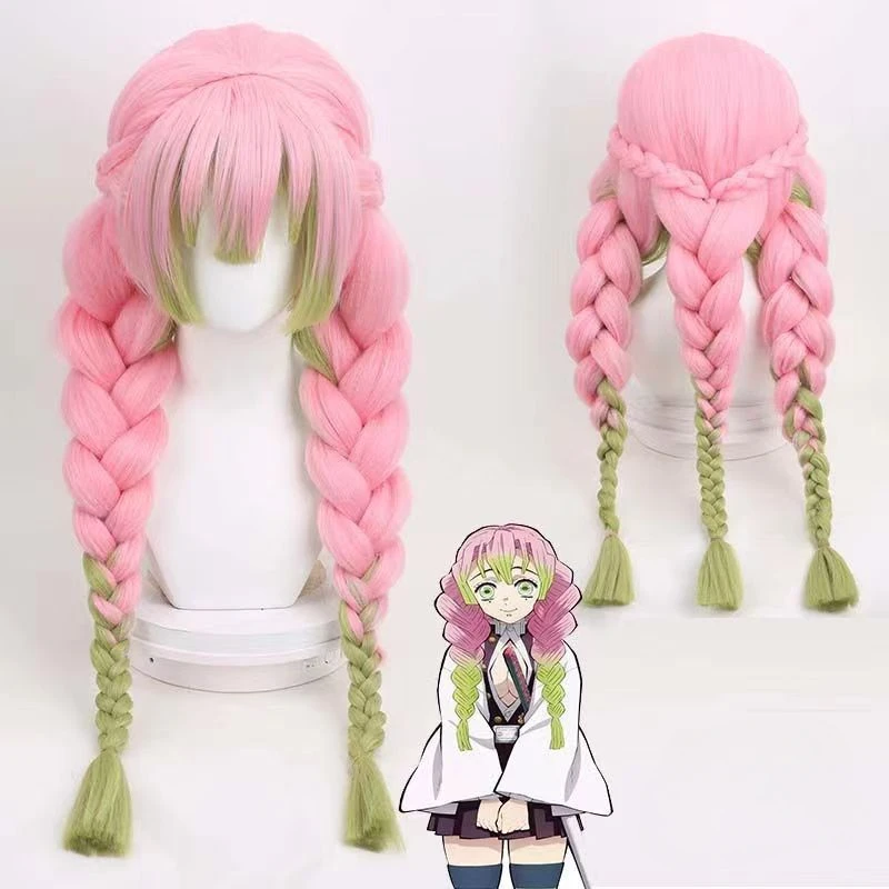 New Braided Wigs Anime Kanroji Mitsuri Cosplay Wigs Thickened Gradient Twist Braid Synthetic Lolita Wig