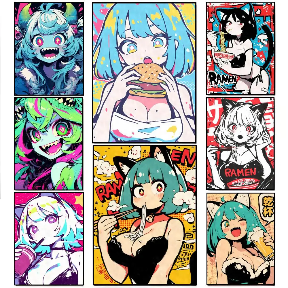 Süßes Anime-Katzenmädchen mit Lebensmitteln, Kunstposter, HD, wasserfester Wandaufkleber, Bar, Wohnzimmer, Dekoration, Geschenk