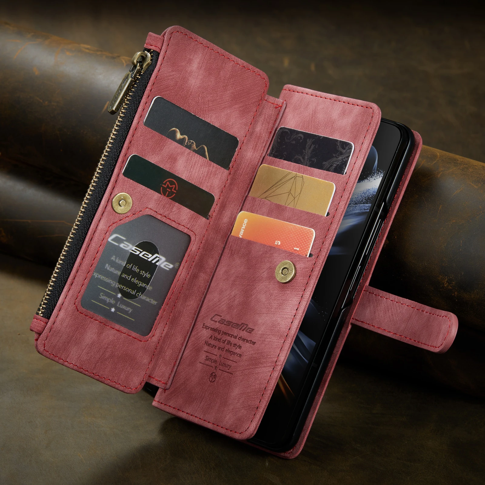 Luxury Zipper Leather Wallet Case For Samsung Galaxy Z Fold 5 4 3 5G Card Slots Purse Shockproof Cover For Z Fold5 Fold4 Fold3