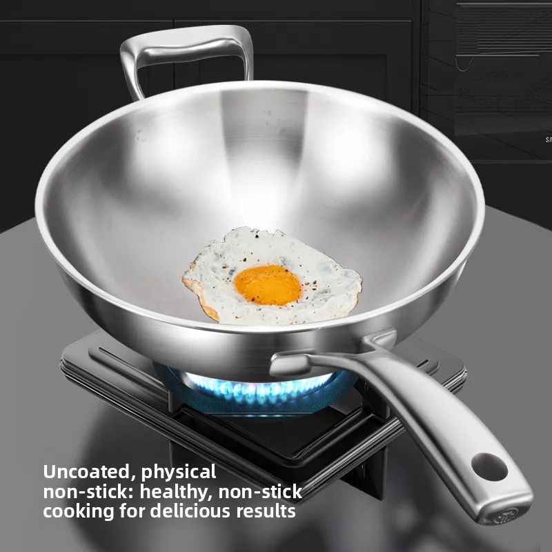 316 Stainless Steel Non Stick Pan, Uncoated Household Non Boiling Chinese Style Stir Fry Pan Cooking Pot Non Stick