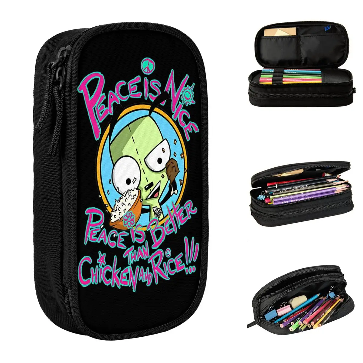 Peace Is Nice Invader Zim Pencil Case Pencil Pouch Pen Holder for Girls Boys Big Capacity Bags School Supplies Zipper Stationery