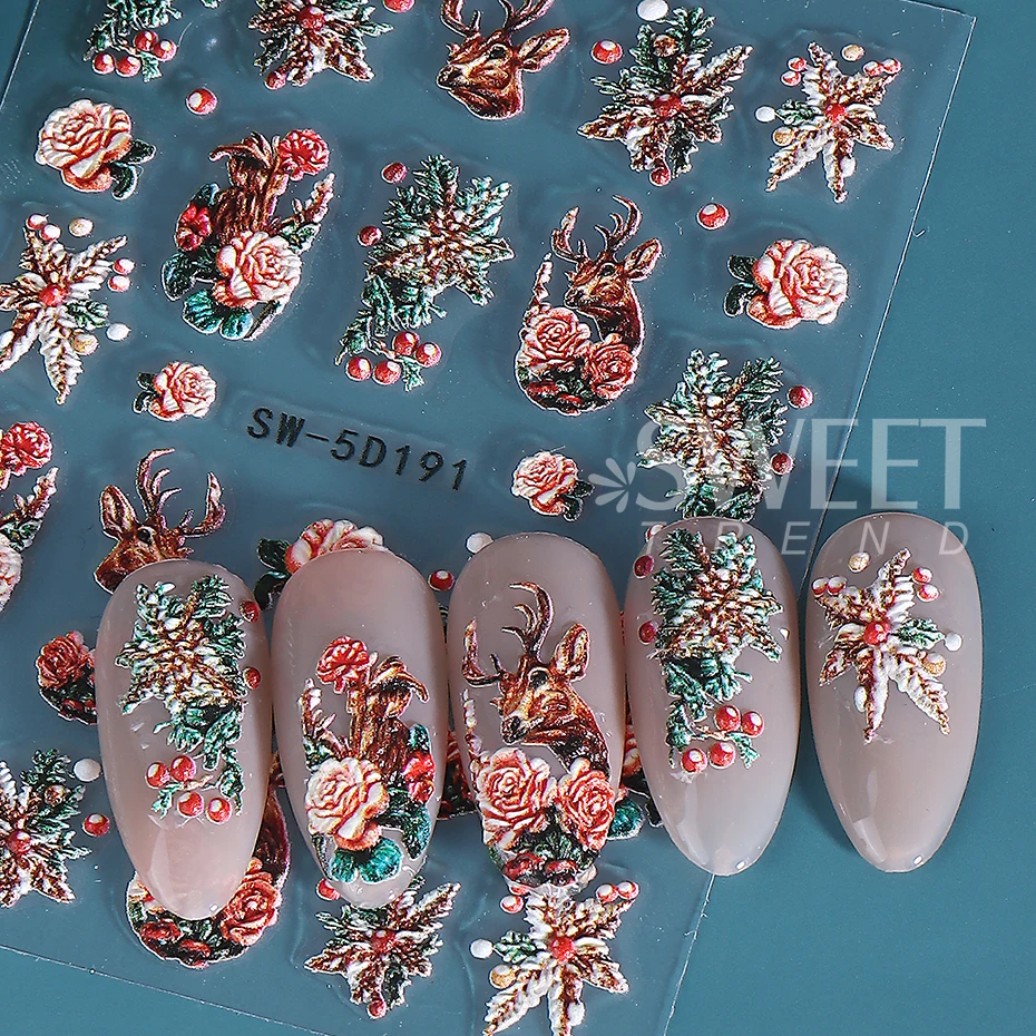 2 Stuks Reliëf Kerst Nail Art Stickers 5D Rose Rendier Holly Kerstboom Nail Decals Zelfklevende Sliders manicure Decoratie