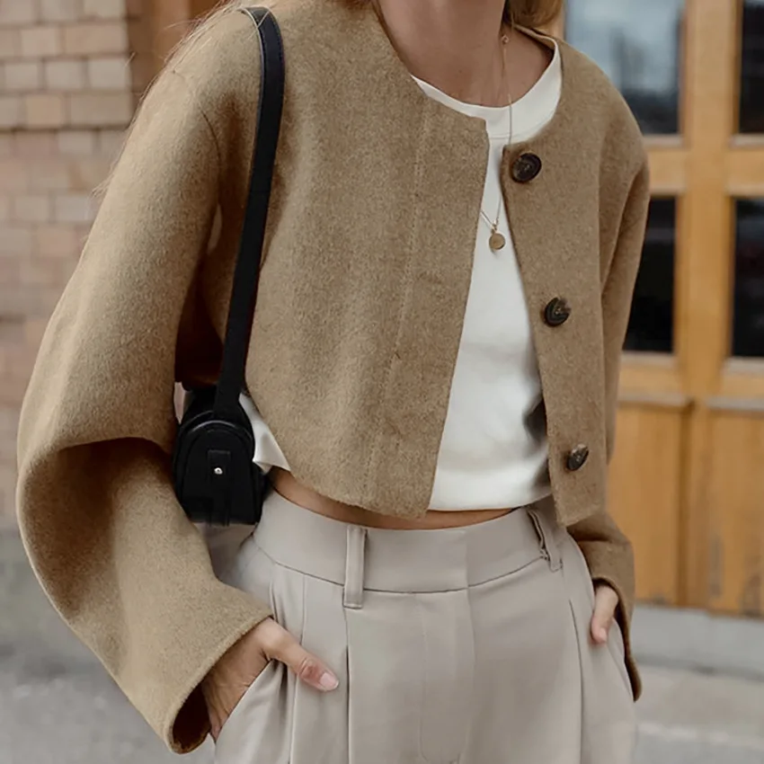 

Brown Casual Coat Euro-America Style Autumn Winter Office Lady All-match Simple Fashion French O-neck Cropped Top