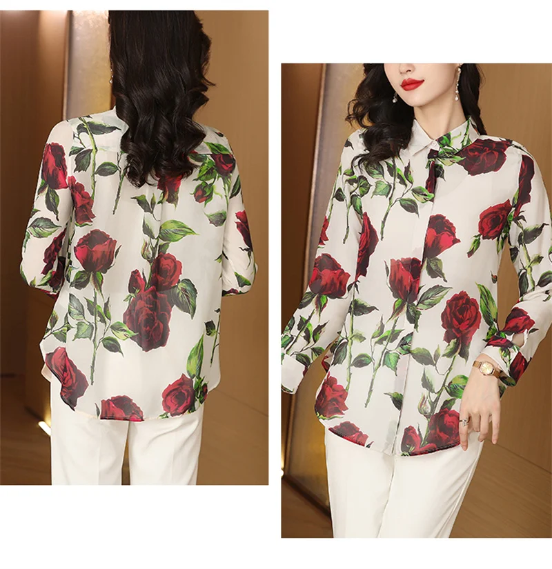 FANIECES 4XL-S Women Shirt Vintage Red Rose Flower Print Blouses Spring Long Sleeve Lapel Chiffon Shirts Office Ladies Workwear