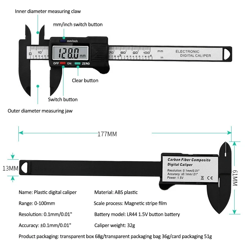 100mm 6 Inch Electronic Digital Caliper Carbon Fiber Vernier Caliper Gauge Micrometer Ruler Woodwork Thickness Measuring Tool