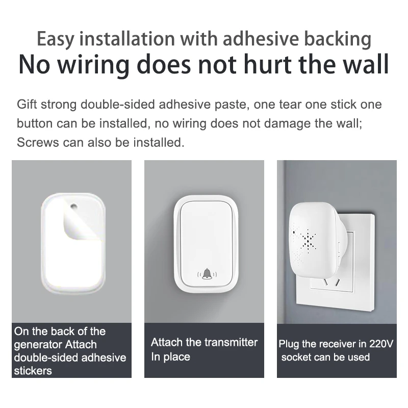 Wireless Doorbell Home Battery Free Waterproof Doorbell 3 Volume Levels 38 Song For Home/Office/Classroom US Plug