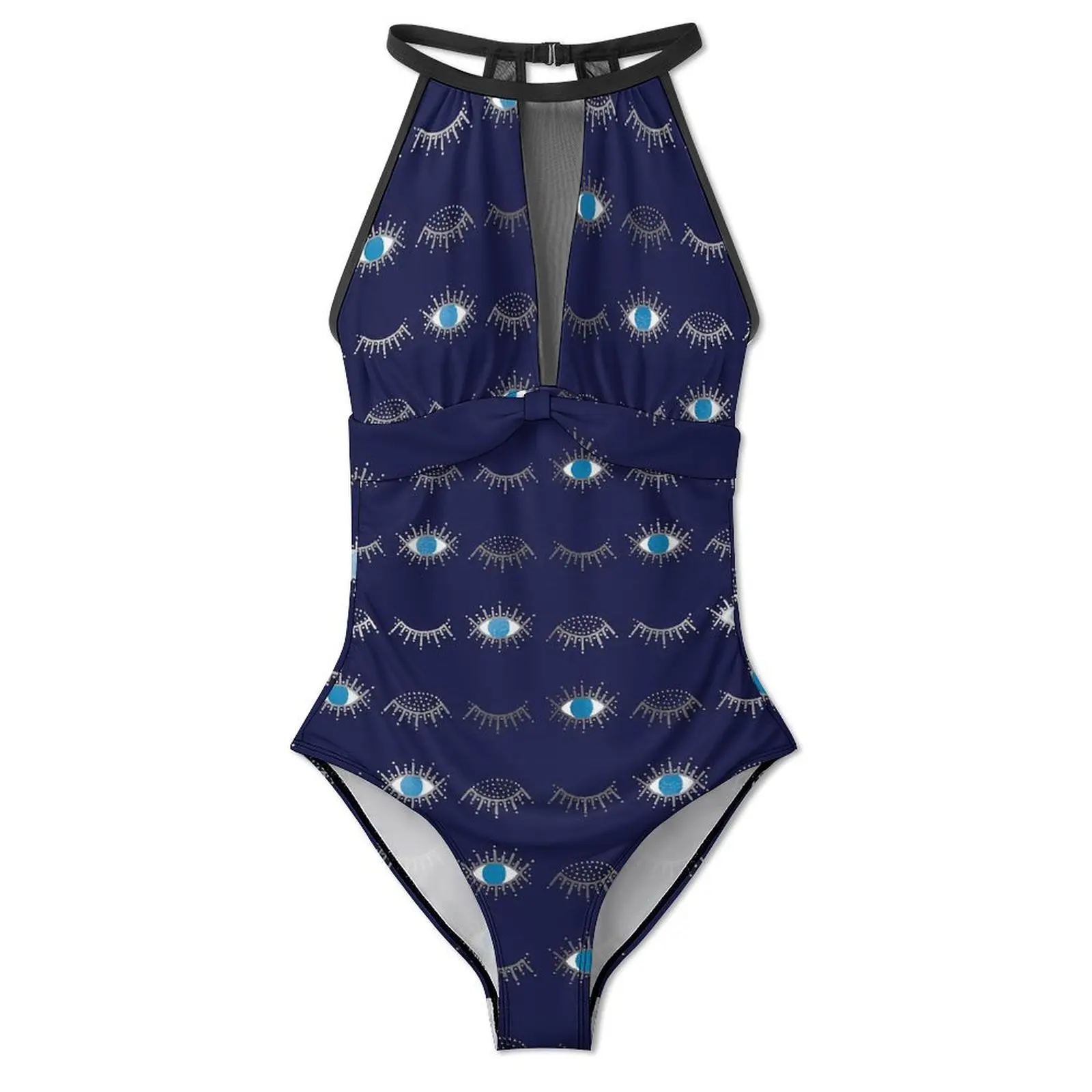 Eyelashs Print Swimsuit Blue Evil Eye Swimwear One Piece Holiday Rave Bodysuit Mesh Bathing Suits Woman Push Up Beach Outfits